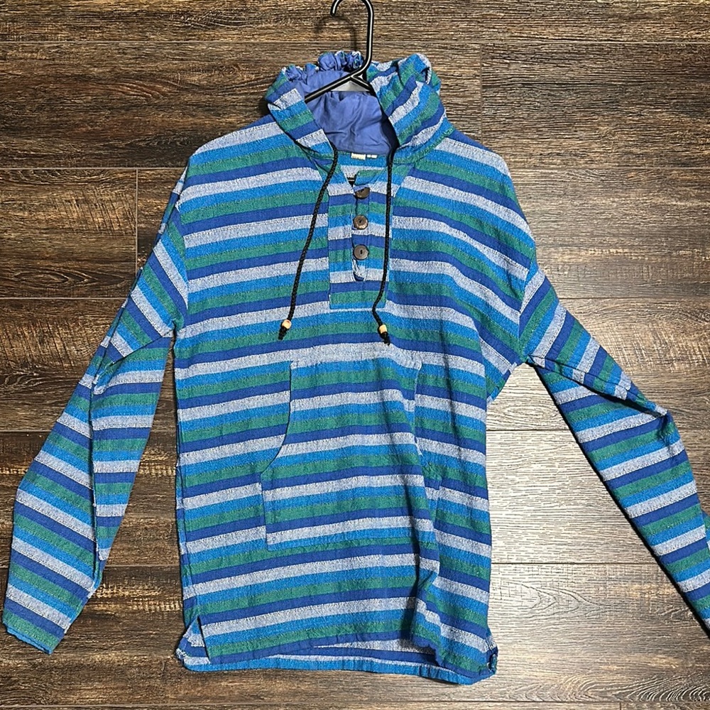 Striped Blue, Green, and Gray Unisex Baja Hoodie